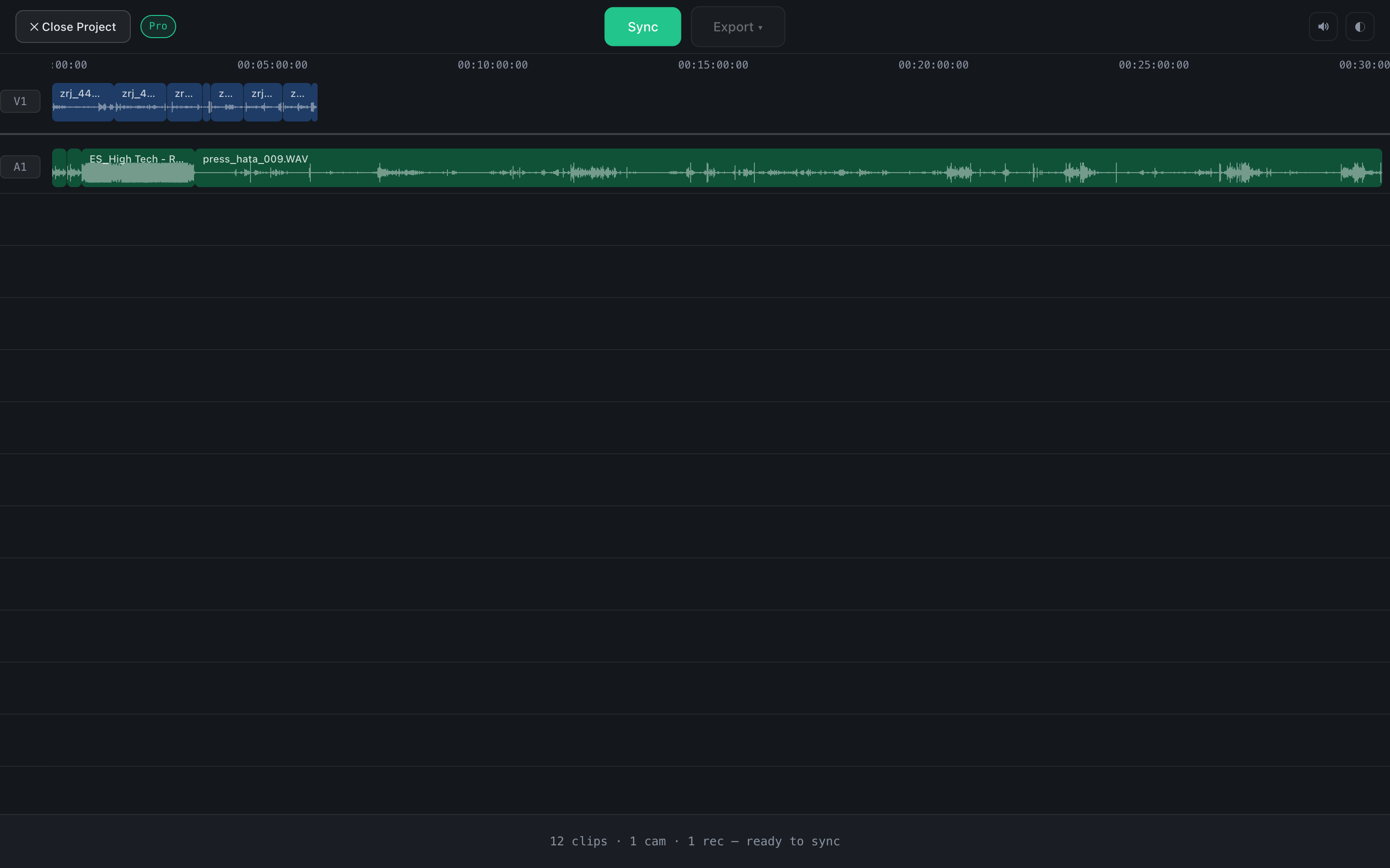 One camera and a recorder, a longer shoot: footage loaded, before the sync