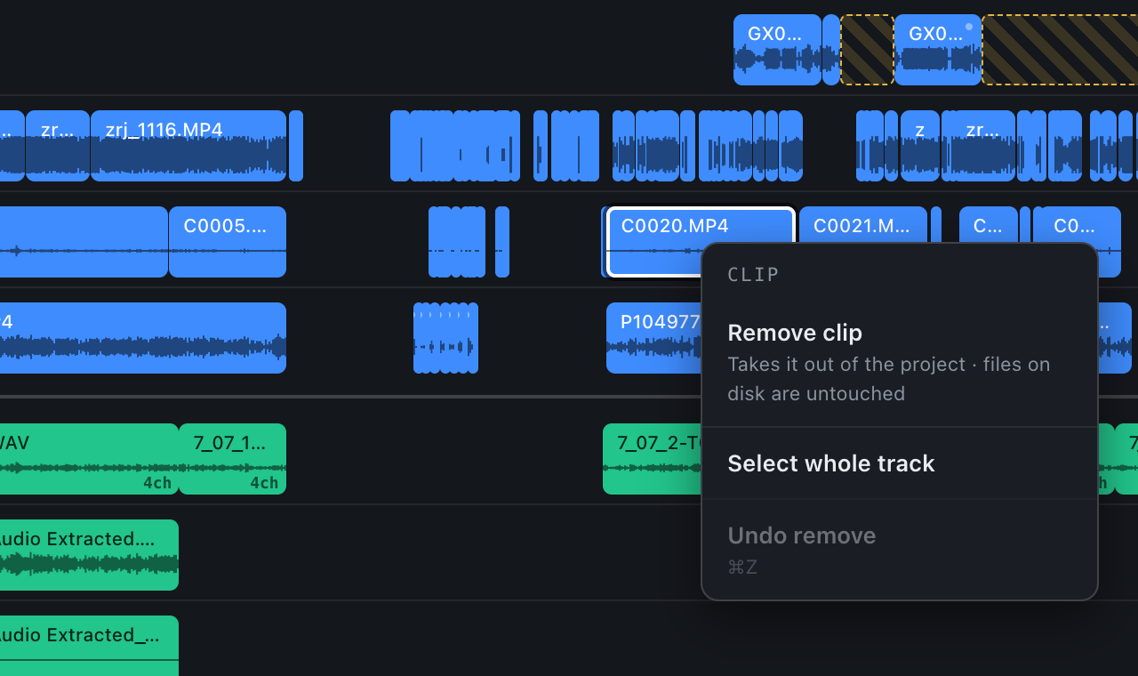 The clip context menu: Remove clip, Select whole track, Undo remove