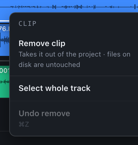 Il menu contestuale della clip: Remove clip, Select whole track, Undo remove