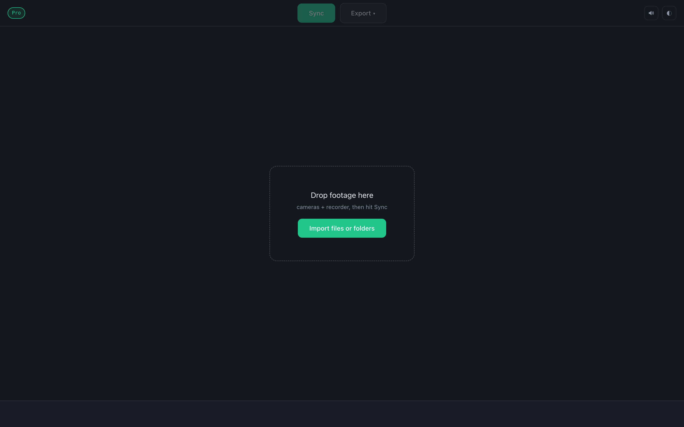 The empty window with the Drop footage here area and the Import files or folders button
