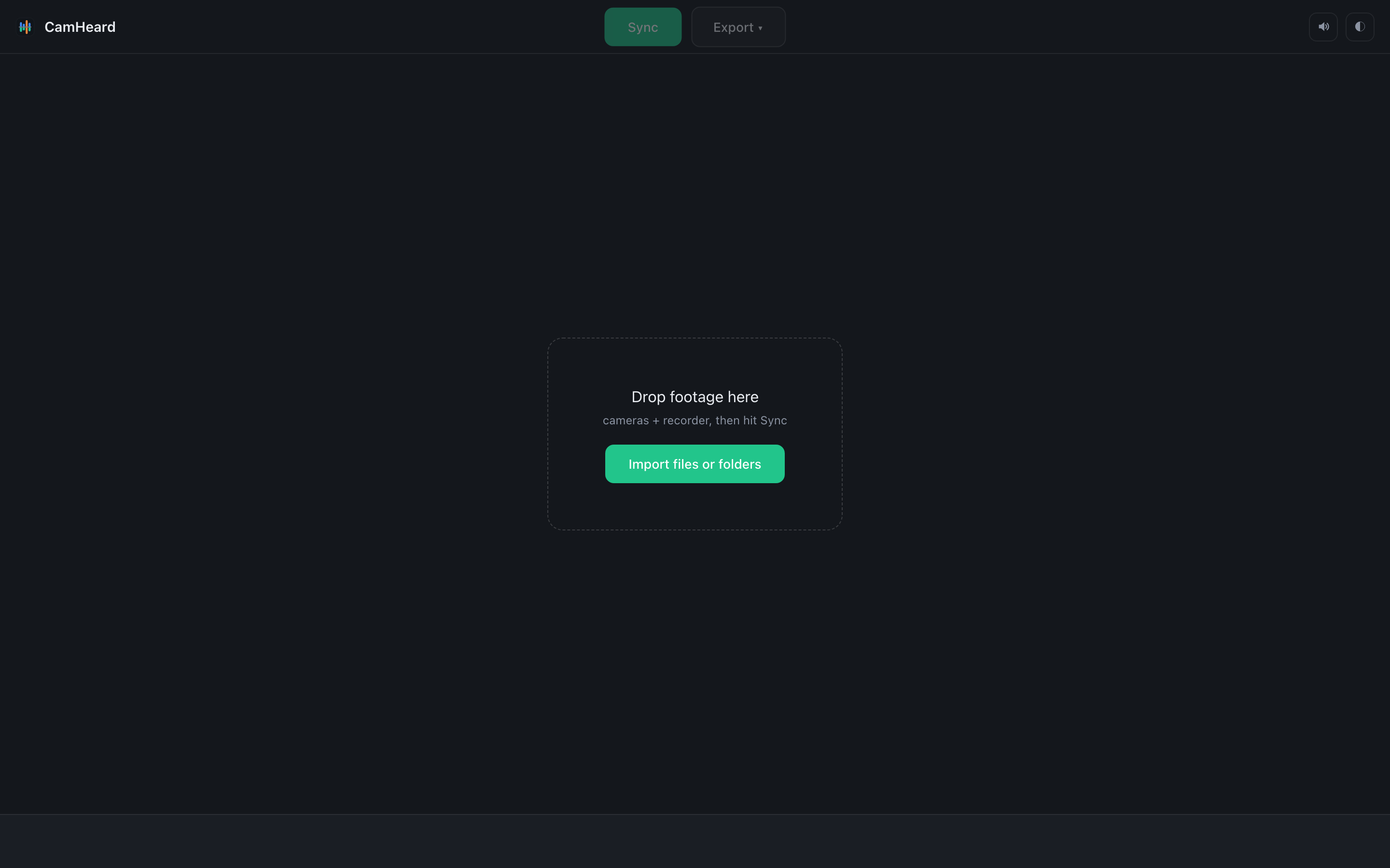 Das leere Fenster mit dem Feld Drop footage here und dem Button Import files or folders
