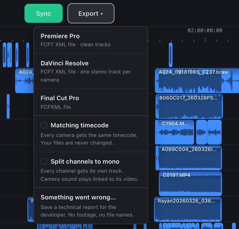 The CamHeard Export menu with Premiere Pro, DaVinci Resolve, Final Cut Pro and the Matching timecode option