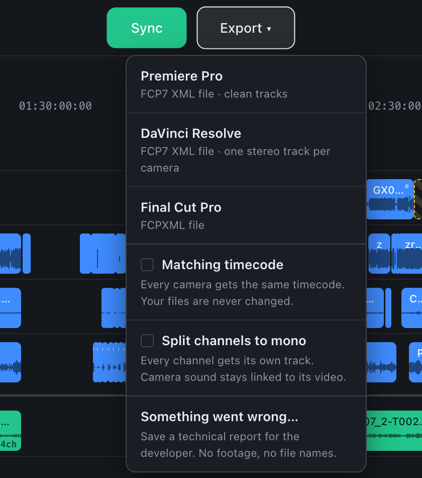 The Export menu: Premiere Pro, DaVinci Resolve, Final Cut Pro, Matching timecode, Split channels to mono, Something went wrong