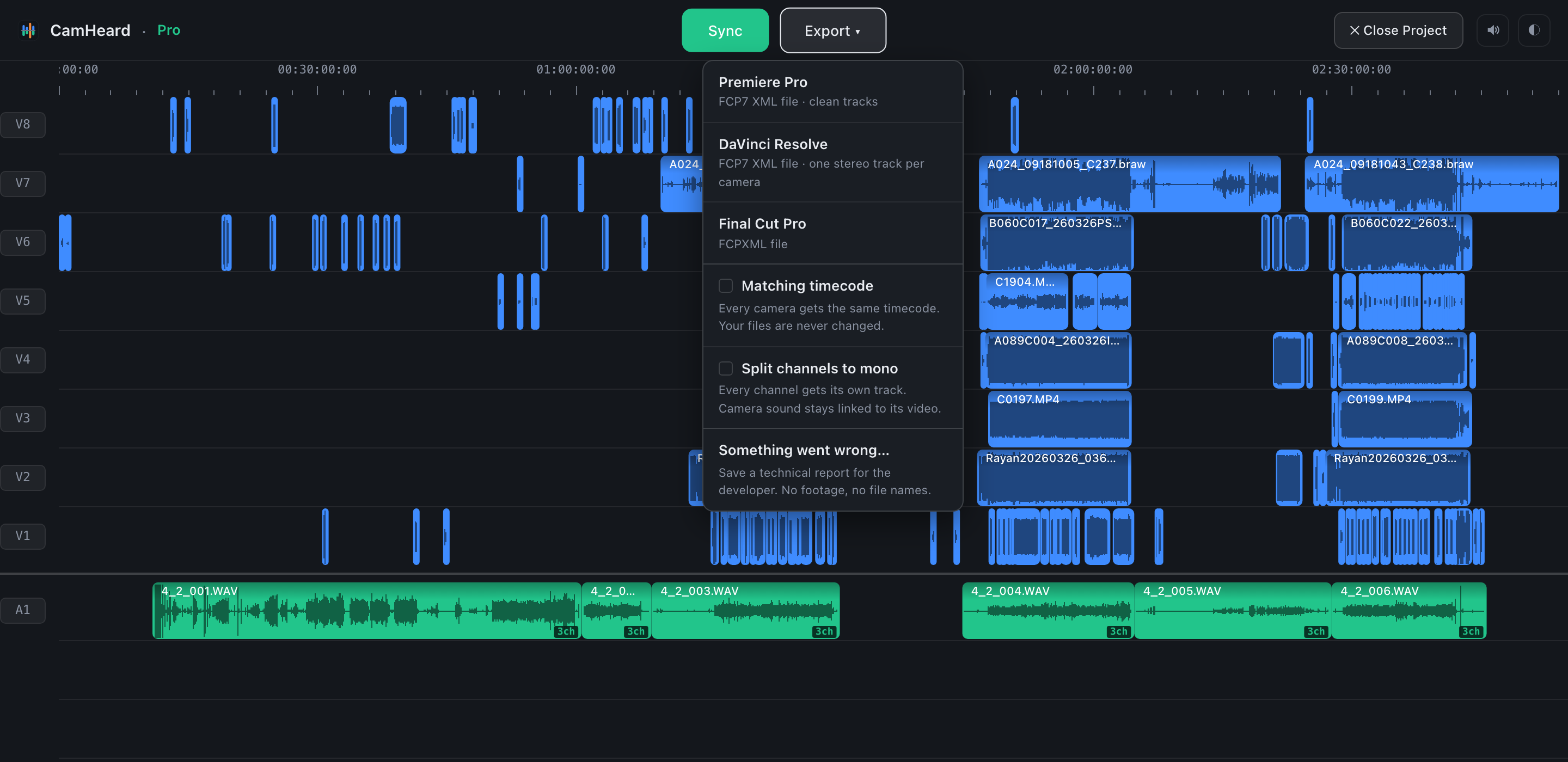 The Export menu with Premiere Pro, DaVinci Resolve and Final Cut Pro