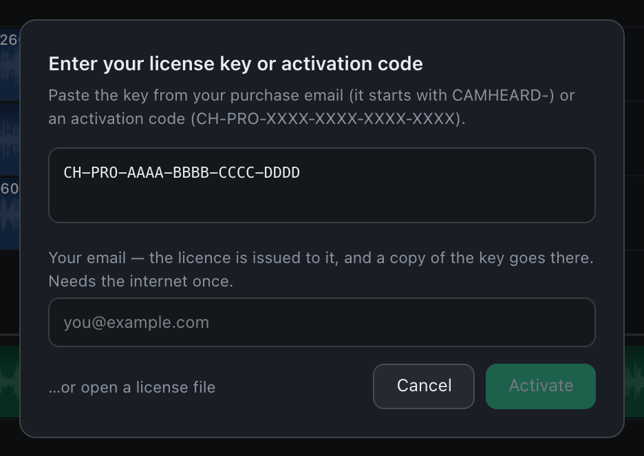 حوار إدخال مفتاح الترخيص مع حقل CAMHEARD- وزر Activate