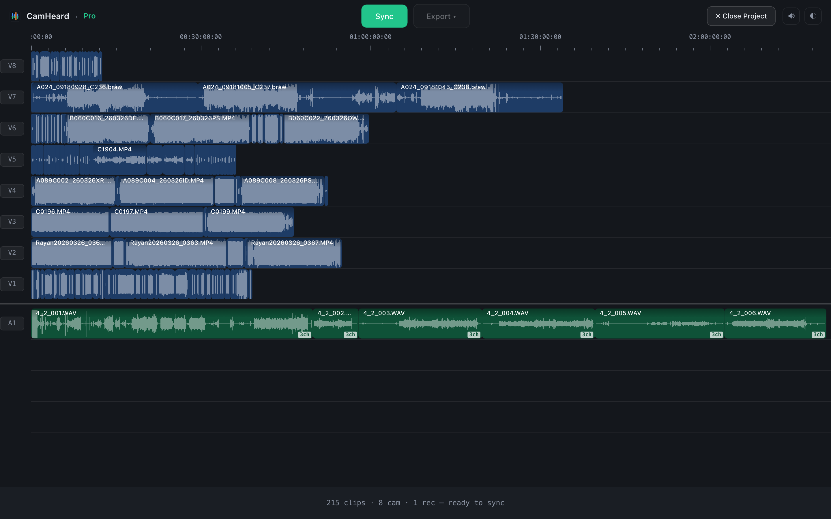 Material geladen, die Clips liegen vom Anfang der Timeline an, der Button Sync ist aktiv