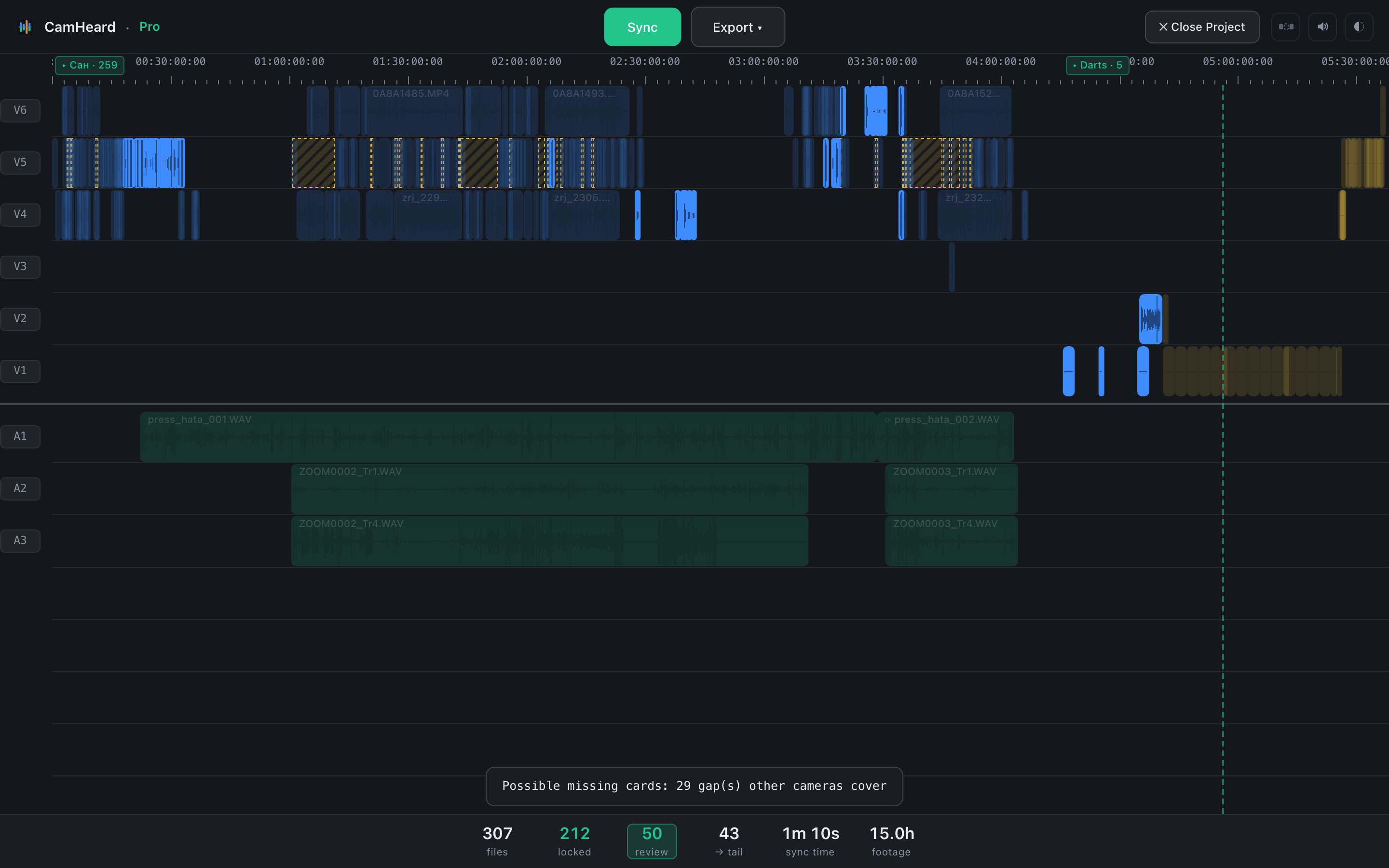 Die Timeline mit eingeschaltetem review-Filter