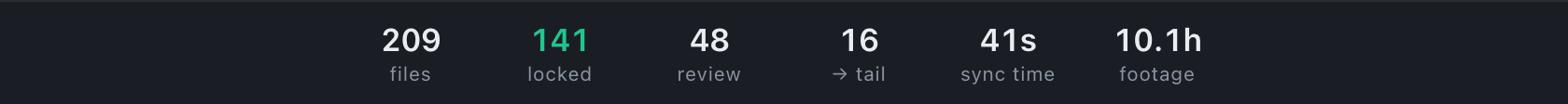 The status bar after a sync: files, locked, review, tail, sync time, footage