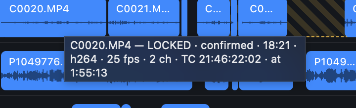 The tooltip on a clip: C0020.MP4, LOCKED, confirmed, 18:21, h264, 25 fps, 2 ch, TC 21:46:22:02, at 1:55:13