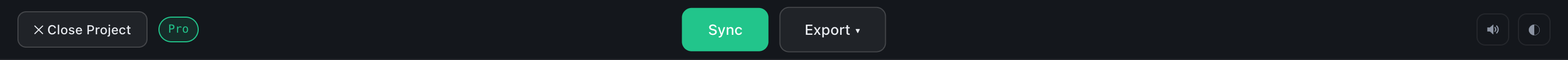The top bar: Close Project, the licence badge, the Sync and Export buttons, sound and theme