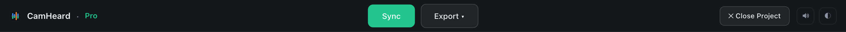 Die obere Leiste: Close Project, der Lizenz-Badge, die Buttons Sync und Export, Ton und Design