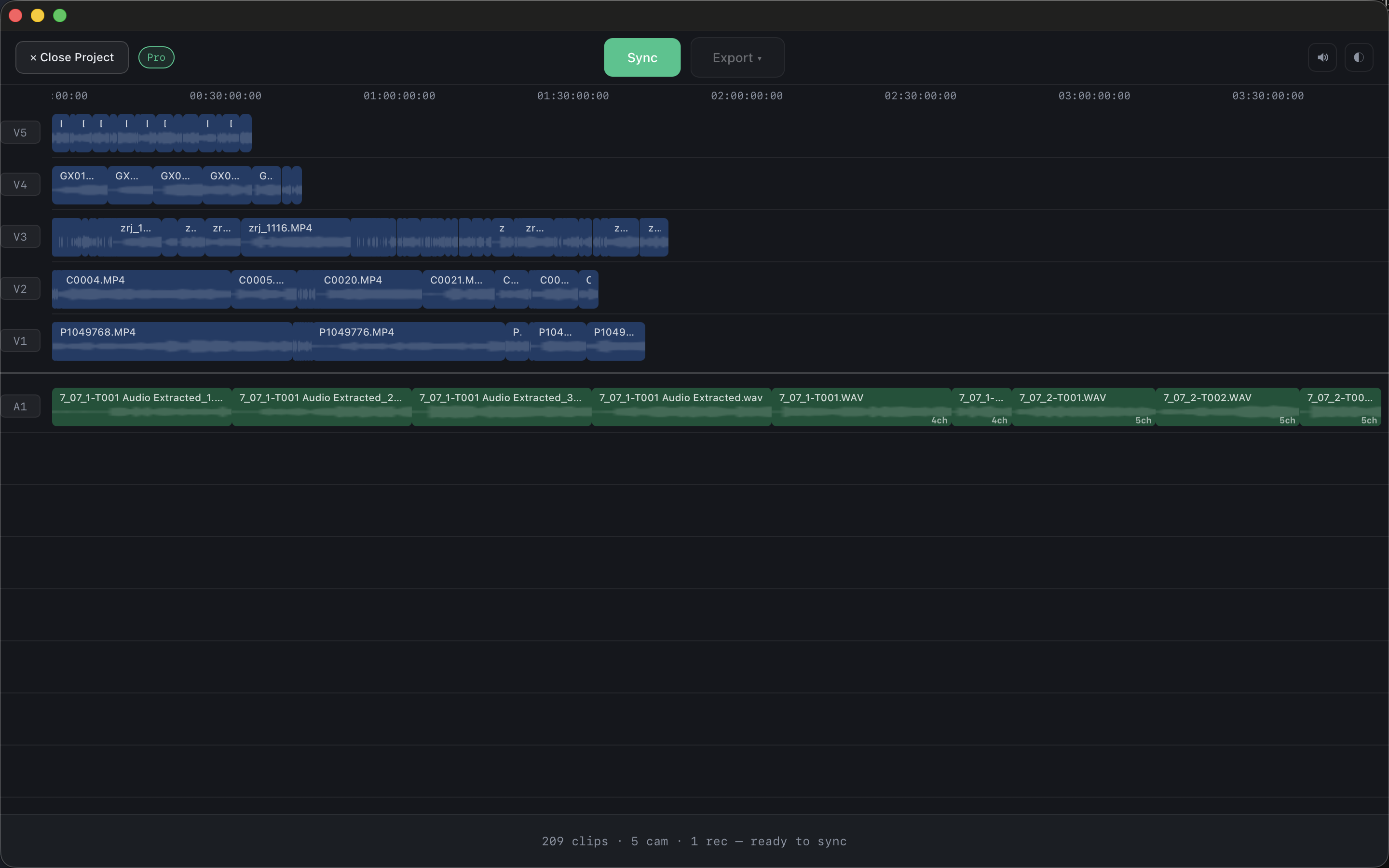 209 clips from five cameras and a recorder, loaded and ready to sync