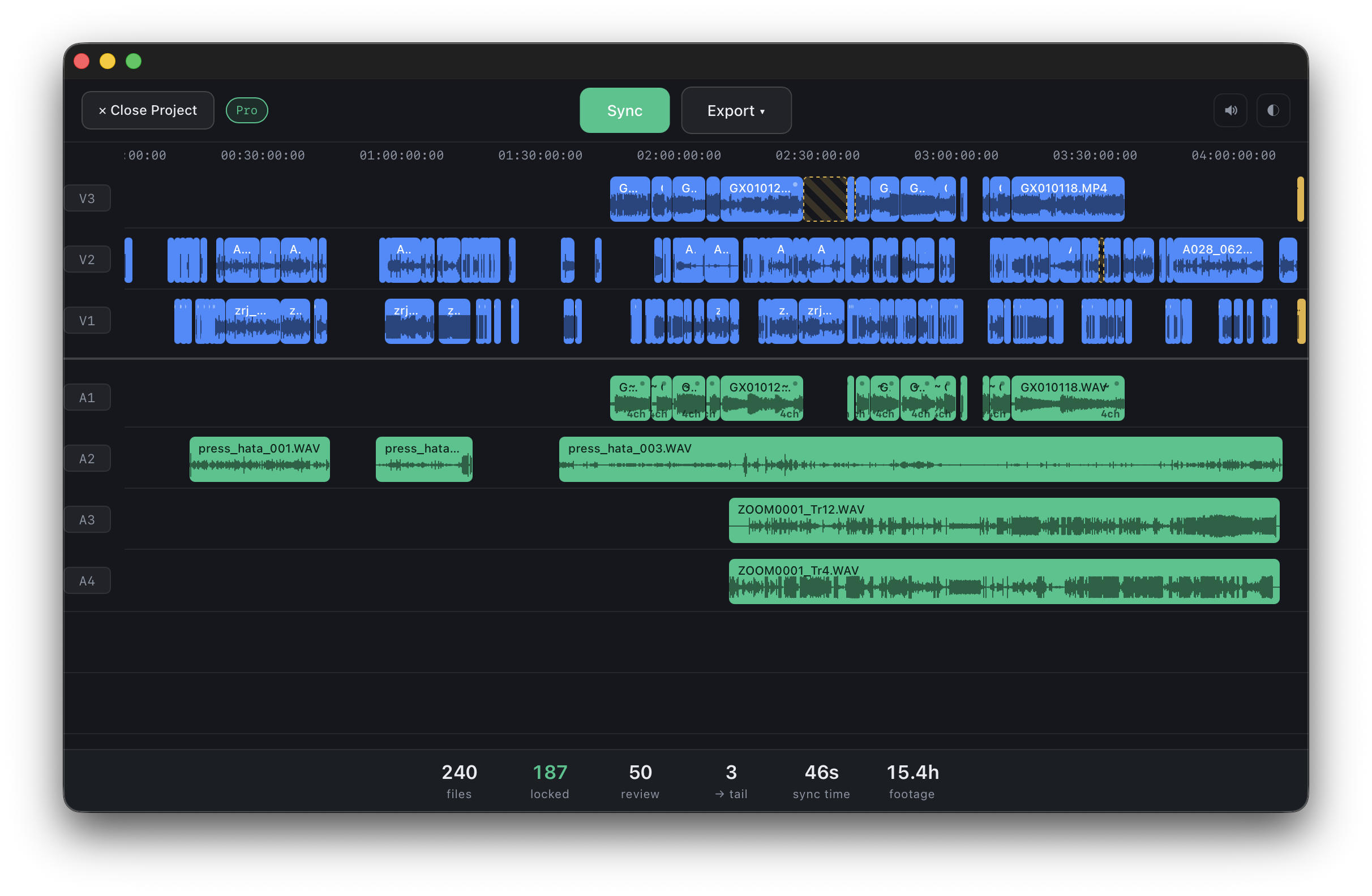 CamHeard timeline: an on-location live shoot, 3 cameras + 3 recorders, 240 clips