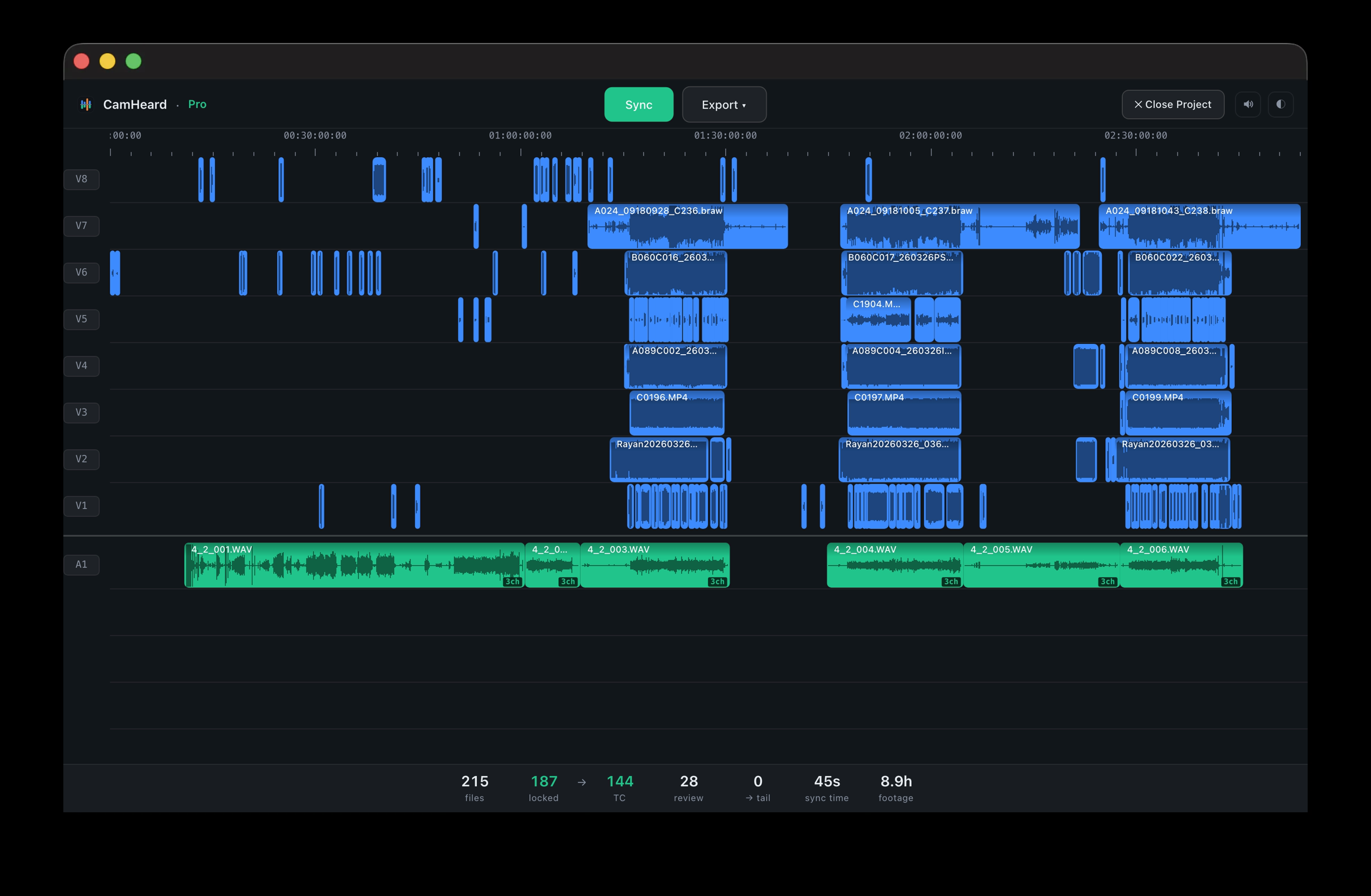 CamHeard timeline: an on-location live shoot, 3 cameras + 3 recorders, 240 clips