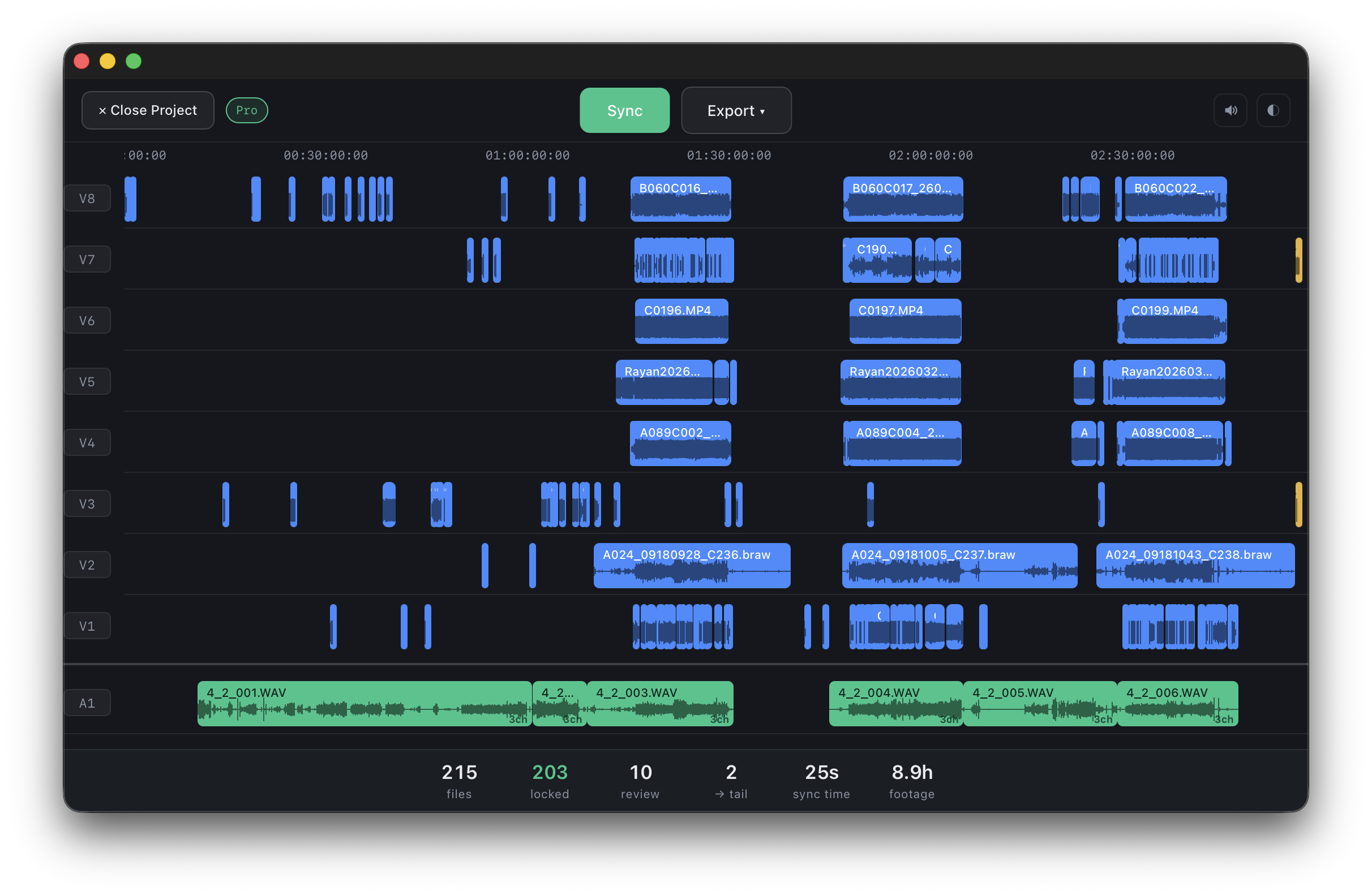 CamHeard timeline: 8 cameras + a recorder, 215 clips